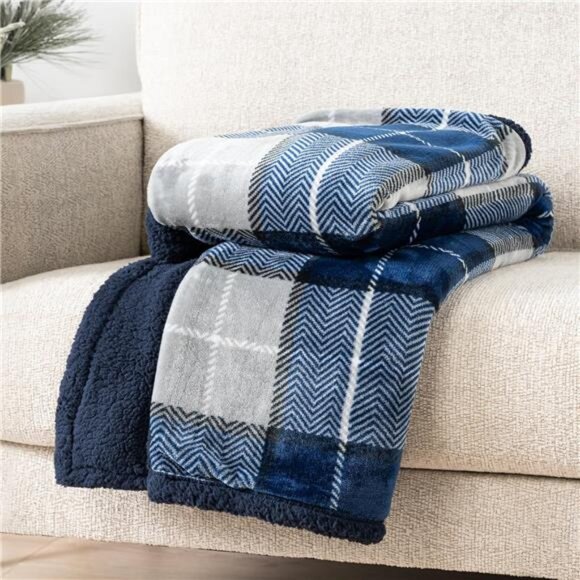 Blue Navy Plaid Sherpa Throw Blanket for Couch Twin, Plush Flannel - Picture 4 of 8